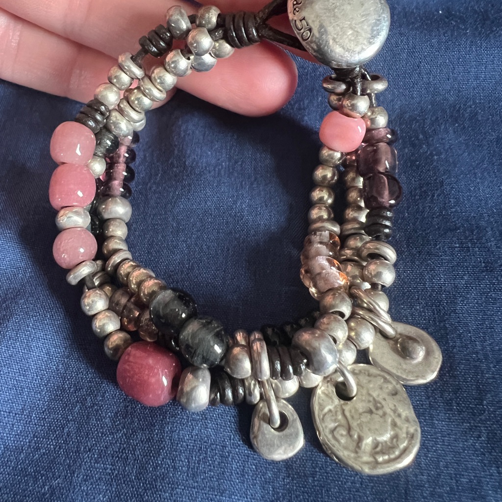 Uno De 50 Silver Pink Black Beaded Tongle Statement Bracelet